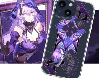 May include: A clear phone case with a purple and gold design featuring a character from a video game. The design includes a stained glass window, playing cards, and a hand holding a card.