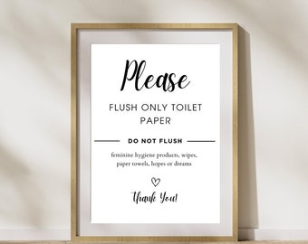 May include: A framed white sign with black text. The sign reads "Please FLUSH ONLY TOILET PAPER. DO NOT FLUSH feminine hygiene products, wipes, paper towels, hopes or dreams. Thank You!" The frame is a light brown color.