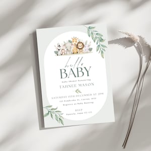 Invitación editable para baby shower con temática de jungla, descarga instantánea, plantilla de Canva, tema de safari, invitación para baby shower, plantilla personalizable