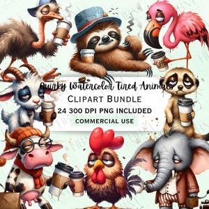 Pacote de clipart engraçado de animais sonolentos e peculiares em aquarela, adesivo de café cansado, animal de estimação bobo e caprichoso PNG para convites, uso comercial