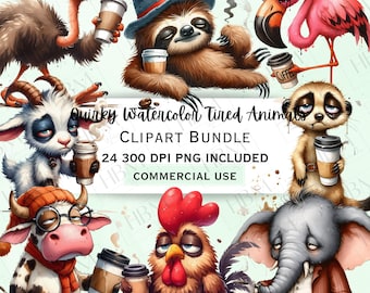May include: A digital clipart bundle of 24 watercolour illustrations of tired animals holding coffee cups. The animals include an ostrich, sloth, flamingo, goat, cow, rooster, and elephant. The text "Quirky Watercolor Tired Animals" and "CLIPART BUNDLE" is included in the image.