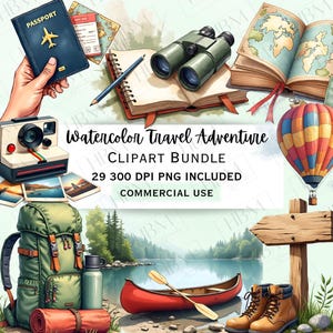 Aquarell Reise Clipart Bundle, Abenteuer PNG Pack, Wanderausrüstung, Reisekarten, Camping Artikel Grafik, transparentes Bild, kommerzielle Nutzung