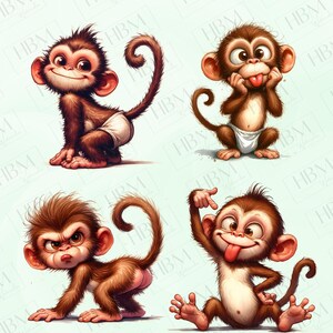 May include: Four cartoon monkeys in various poses. Each monkey is brown with large ears, a tail, and a white diaper. One monkey smiles, another sticks out its tongue, a third has an angry expression, and the last points at its head.