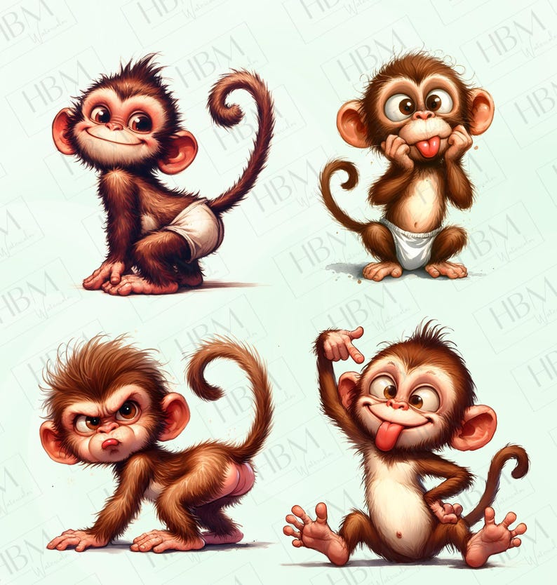 May include: Four cartoon monkeys in various poses. Each monkey is brown with large ears, a tail, and a white diaper. One monkey smiles, another sticks out its tongue, a third has an angry expression, and the last points at its head.