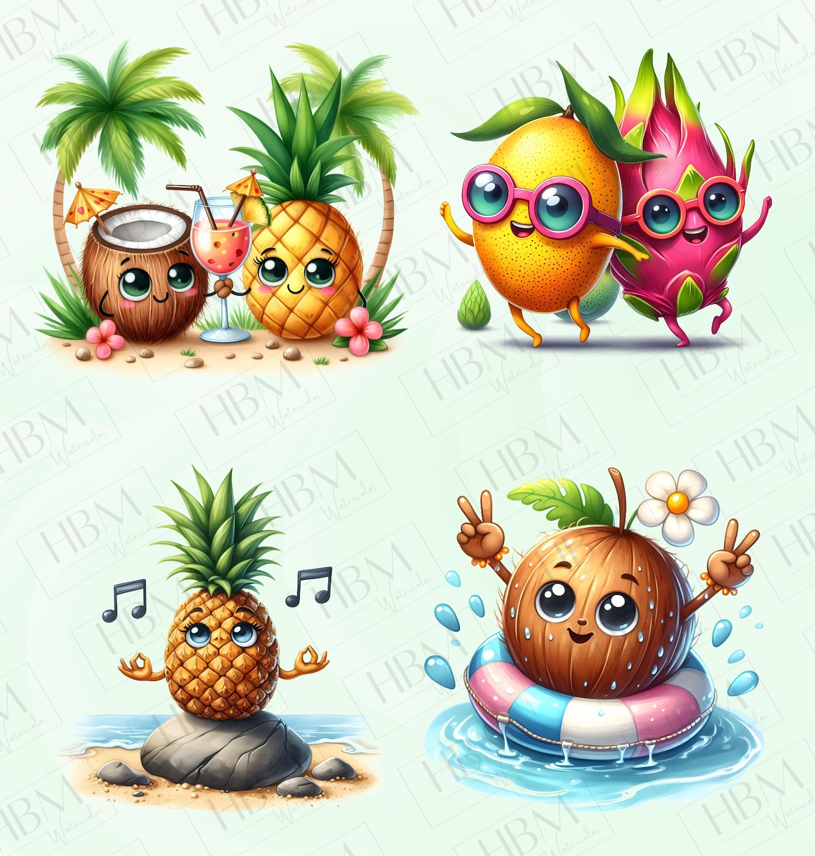 Quirky Tropical Fruit Clipart Bundle, Funny Summer Characters PNG