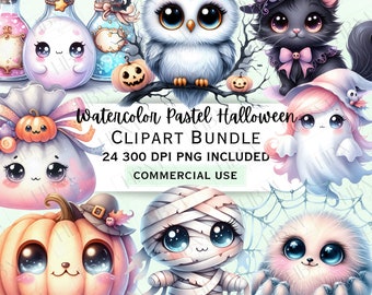 May include: A set of 24 watercolour pastel Halloween clipart images. The images include a pumpkin, a ghost, a mummy, a spider, a witch's cat, an owl, a potion bottle, and a candy bag. All images are in a cute cartoon style with big eyes and pastel colours.