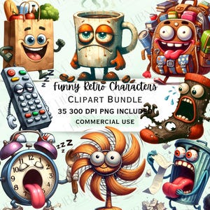 Funny Retro Cartoon Characters Clipart Bundle, Watercolor Vintage Kawaii Faces PNG, Quirky Transparent Graphics, Commercial Use