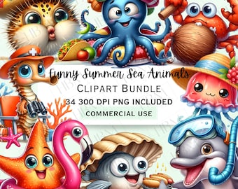 May include: A set of 34 digital clipart images featuring funny summer sea animals. The images are in PNG format and are 300 DPI. The animals include a starfish, a seahorse, a crab, an octopus, a jellyfish, a dolphin, a fish, and a flamingo. The images are perfect for use in scrapbooking, card making, party decorations, and more.