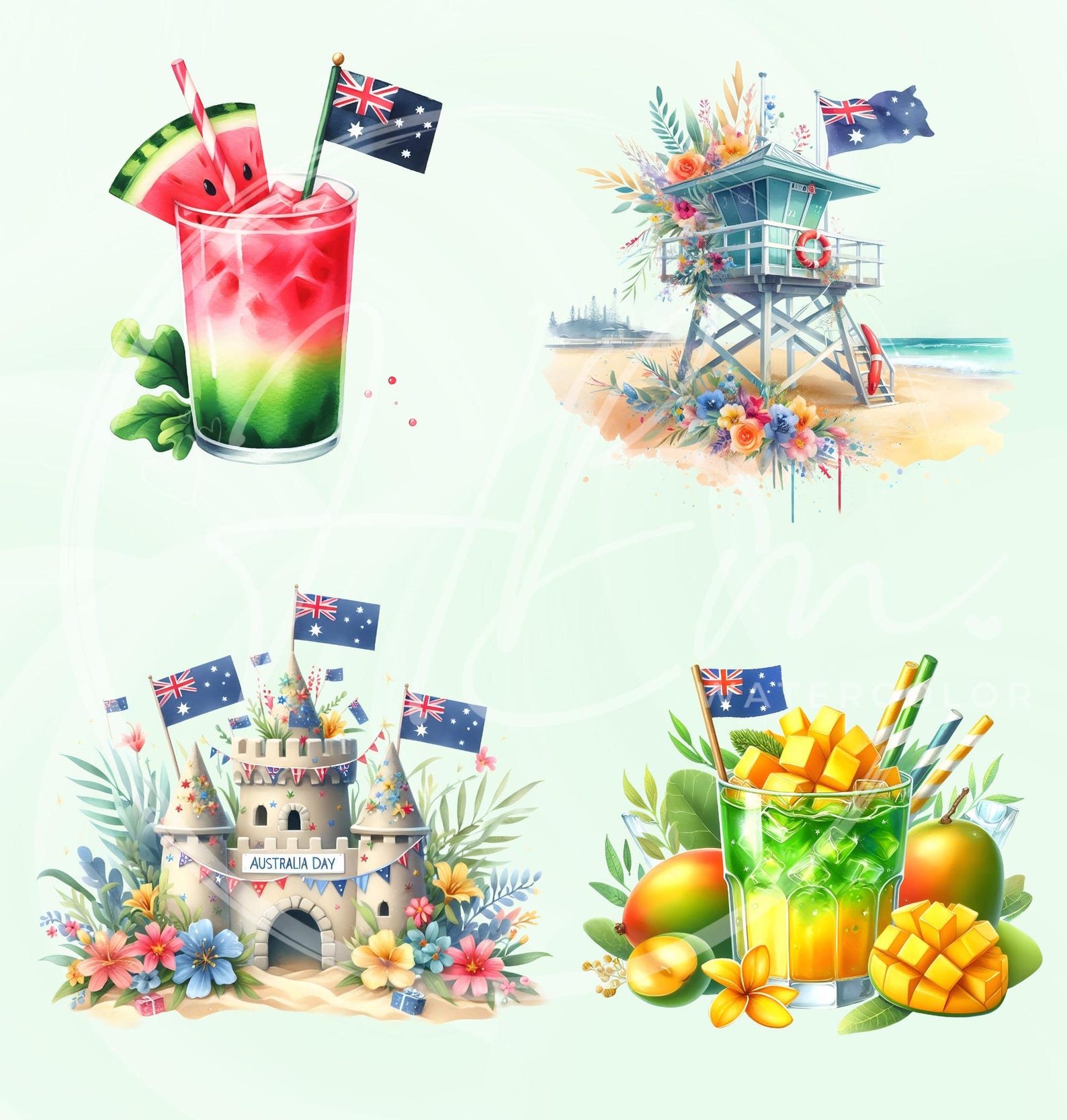 Tropical Australia Day Clipart Bundle, Watercolor Summer Party Decor ...