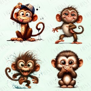 May include: Four cartoon monkeys in various poses. One monkey wears a blue and white baseball cap. Another monkey is standing with arms outstretched. The third monkey is jumping with a wide grin. The last monkey covers its mouth.