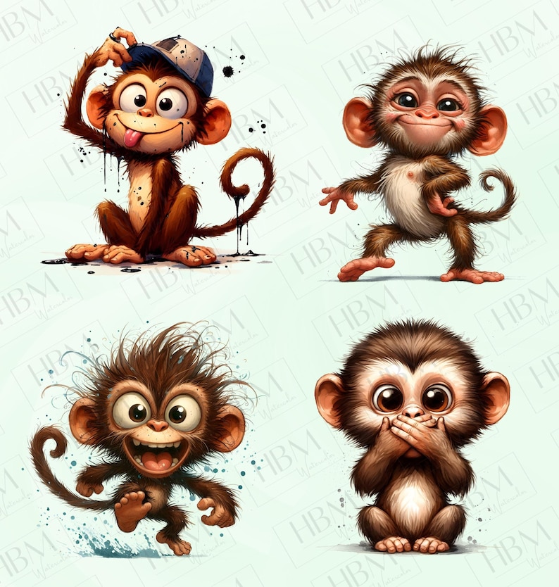 May include: Four cartoon monkeys in various poses. One monkey wears a blue and white baseball cap. Another monkey is standing with arms outstretched. The third monkey is jumping with a wide grin. The last monkey covers its mouth.