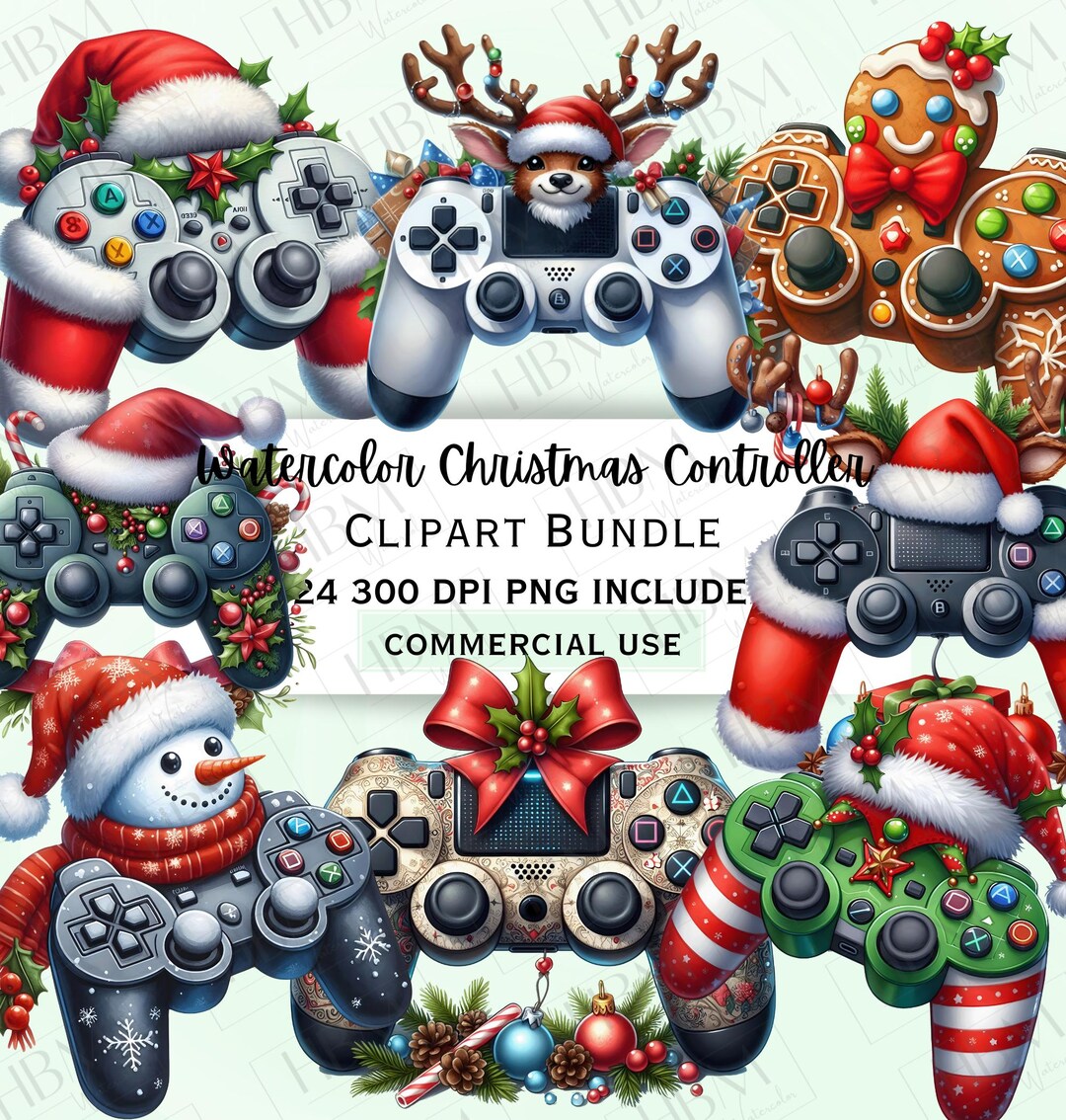 Watercolor Christmas Game Controller Clipart Bundle, Whimsical Xmas Elf ...
