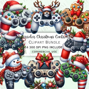 Aquarell Weihnachten Game Controller Clipart Bundle, wunderliche Weihnachtself Grafiken, festlicher Gaming Schneemann PNG für Dekorationen, kommerzielle Nutzung