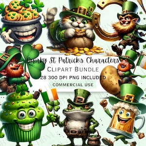 Puede incluir: Un conjunto de 28 imágenes de clipart digitales que presentan personajes extravagantes del Día de San Patricio. Los personajes incluyen un duende, un gato, un cupcake, una rana, una jarra de cerveza y una patata. Las imágenes están en formato PNG y tienen 300 DPI.