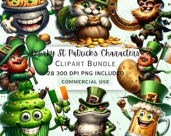 Funny Quirky St Patrick's Characters Clipart Bundle, Watercolor Irish Graphic, Silly Whimsical Leprechaun PNG, Commercial Use
