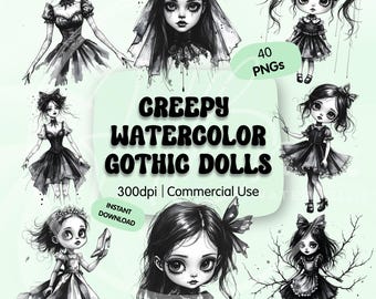 Creepy Watercolor Gothic Doll Clipart PNG Bundle, Spooky Vintage Haunted Girl Illustrations, Halloween Dark Aesthetic Sublimation