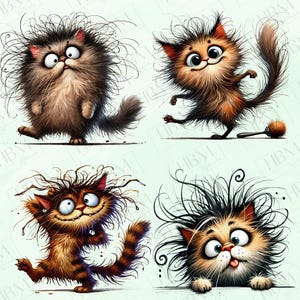 May include: Four cartoon cats with messy fur in different poses. The cats are brown and white with big eyes and goofy expressions.