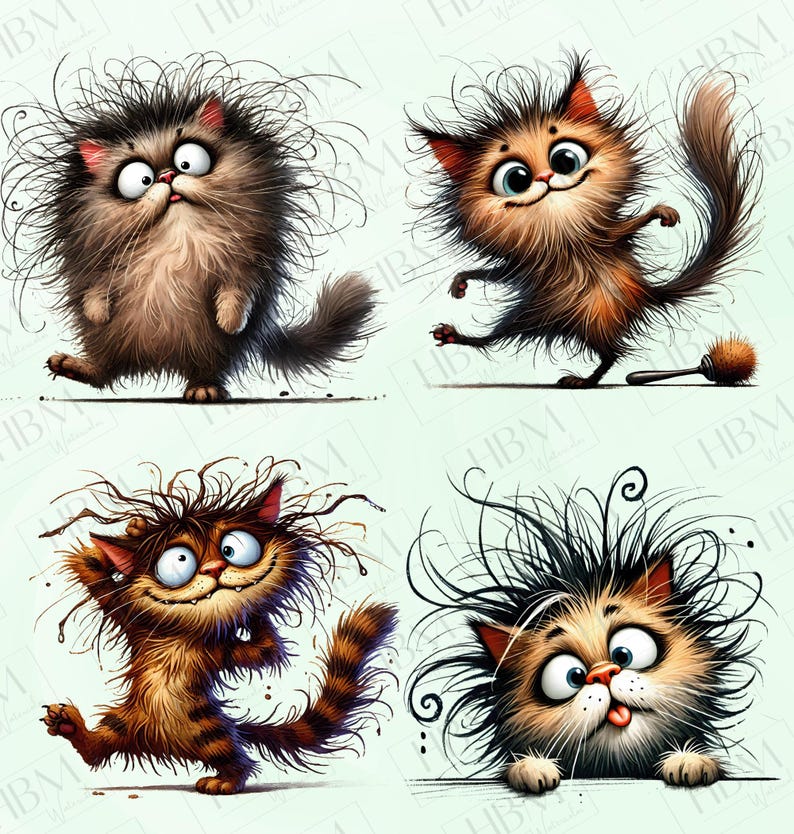 May include: Four cartoon cats with messy fur in different poses. The cats are brown and white with big eyes and goofy expressions.