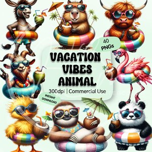 May include: A digital collection of seven cartoon animals including a donkey, capybara, highland cow, goat, flamingo, duck, and panda, all wearing sunglasses and floating in colourful inner tubes with tropical drinks and text VACATION VIBES ANIMAL.