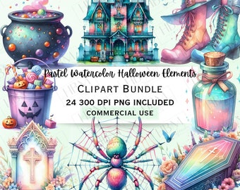 Watercolor Pastel Halloween Elements Clipart Bundle, Whimsical Witchy Graphics, Spooky Potions PNG for Decorations, Commercial Use