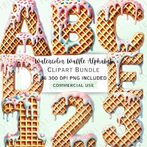 Puede incluir: Un conjunto de 36 imágenes de clipart de alfabeto de gofre de acuarela. Las letras están diseñadas para parecerse a gofres con glaseado rosa y azul y chispas. Las letras están en mayúsculas y son archivos PNG de 300 DPI. El texto en la imagen dice "Watercolor Waffle Alphabet Clipart Bundle 36 300 DPI PNG Included Commercial Use"