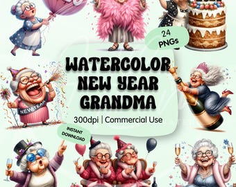 Funny Watercolor New Year Old Lady Clipart Bundle, Whimsical Grandma Stickers, Adorable Festive PNG for Decorations, Commercial Use