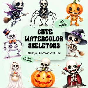 Pode incluir: Ilustrações em aquarela de esqueletos fofos em várias fantasias de Halloween. Um esqueleto está montando uma vassoura, outro está vestido de aranha, e outros estão em uma abóbora, um chapéu de bruxa e uma capa de vampiro. O texto diz "Cute Watercolor Skeletons".