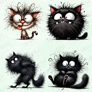 May include: Four cartoon cats with exaggerated features, including large eyes, messy fur, and funny expressions. The cats are black and white, and they are all in different poses.