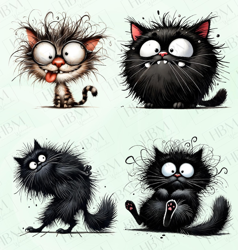 May include: Four cartoon cats with exaggerated features, including large eyes, messy fur, and funny expressions. The cats are black and white, and they are all in different poses.