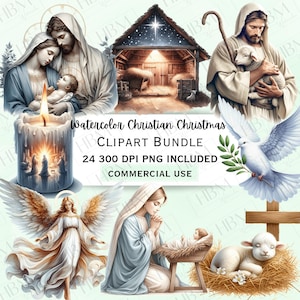 Bundle de cliparts Noël chrétien aquarelle, graphiques religieux de Noël, Nativité bébé Jésus PNG pour décorations, Vierge Marie, usage Commercial