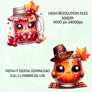 May include: Digital illustration featuring two cute, cartoon-style beverages. One is a jar of cranberry juice with a face, the other is a pumpkin-shaped glass with a hat. Text reads: HIGH RESOLUTION FILES 300DPI 4000 px x4000px and INSTANT DIGITAL DOWNLOAD FULL COMMERCIAL USE.