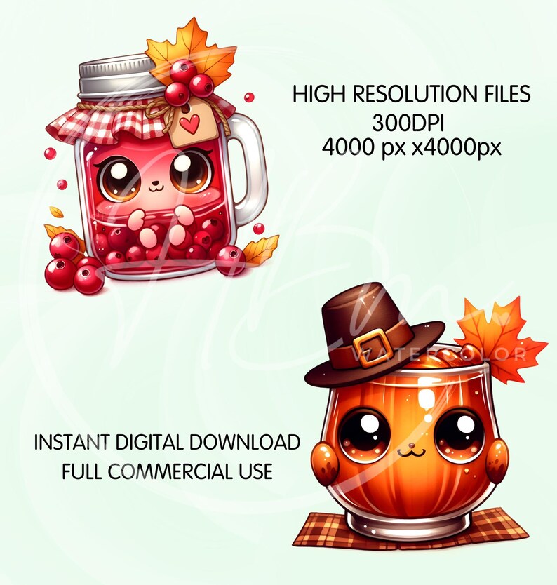 May include: Digital illustration featuring two cute, cartoon-style beverages. One is a jar of cranberry juice with a face, the other is a pumpkin-shaped glass with a hat. Text reads: HIGH RESOLUTION FILES 300DPI 4000 px x4000px and INSTANT DIGITAL DOWNLOAD FULL COMMERCIAL USE.