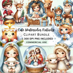 Niedliches Aquarell Krippe Weihnachten Clipart Bundle, religiöse Weihnachtsgrafik, entzückendes Jesuskind PNG für Dekorationen, kommerzielle Nutzung