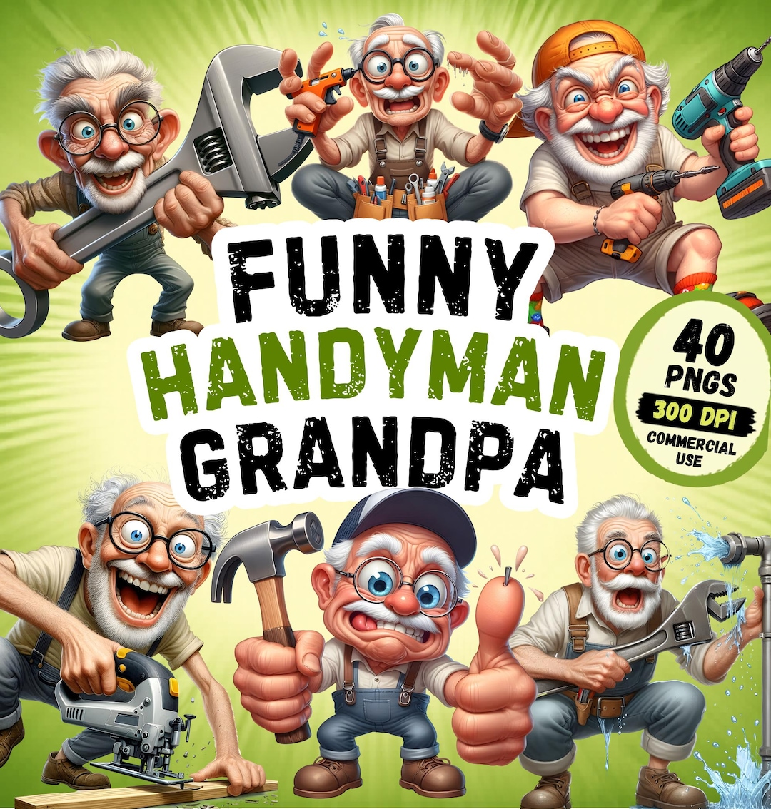 Quirky Handyman Grandpa PNG Clipart Bundle, Funny Grandpa DIY Repair ...