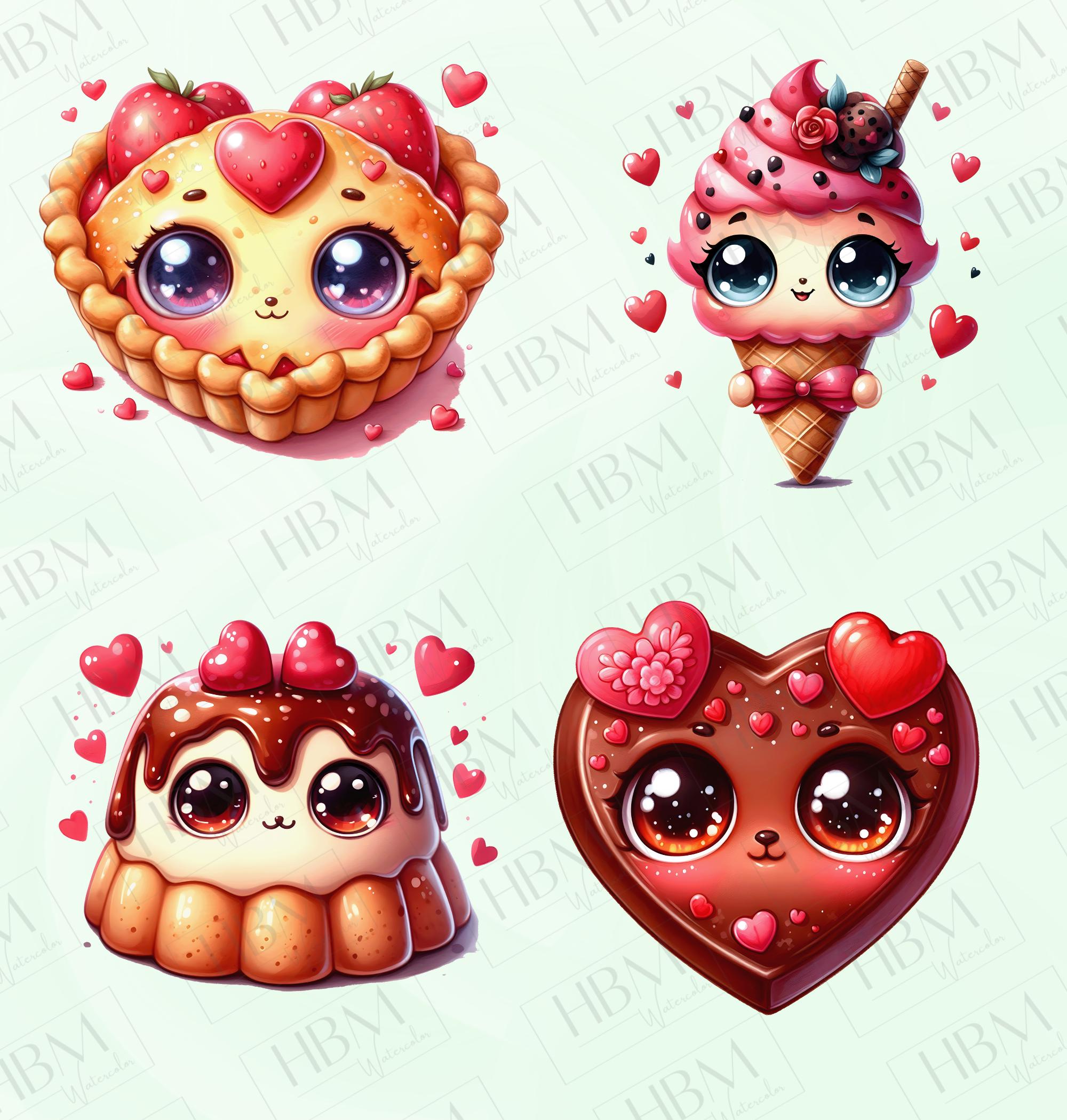 Valentin Sweets Graphics Cute Watercolor Valentine's Sweets Clipart Bundle, Romantic Dessert ...