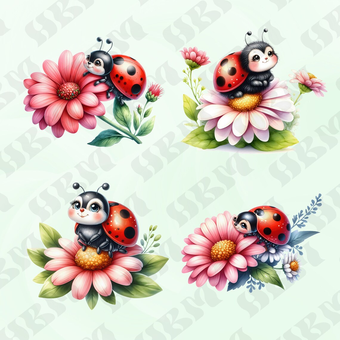 Cute Watercolor Lady Bugs Clipart Bundle, Beetle Nursery Decor, Flowers ...