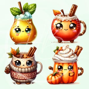 May include: Four cartoon beverages: a pear-shaped drink with mint and a cinnamon stick, an apple-shaped drink with whipped cream, a mug with a sweater and cinnamon, and a pumpkin-shaped drink with whipped cream and a small pumpkin.