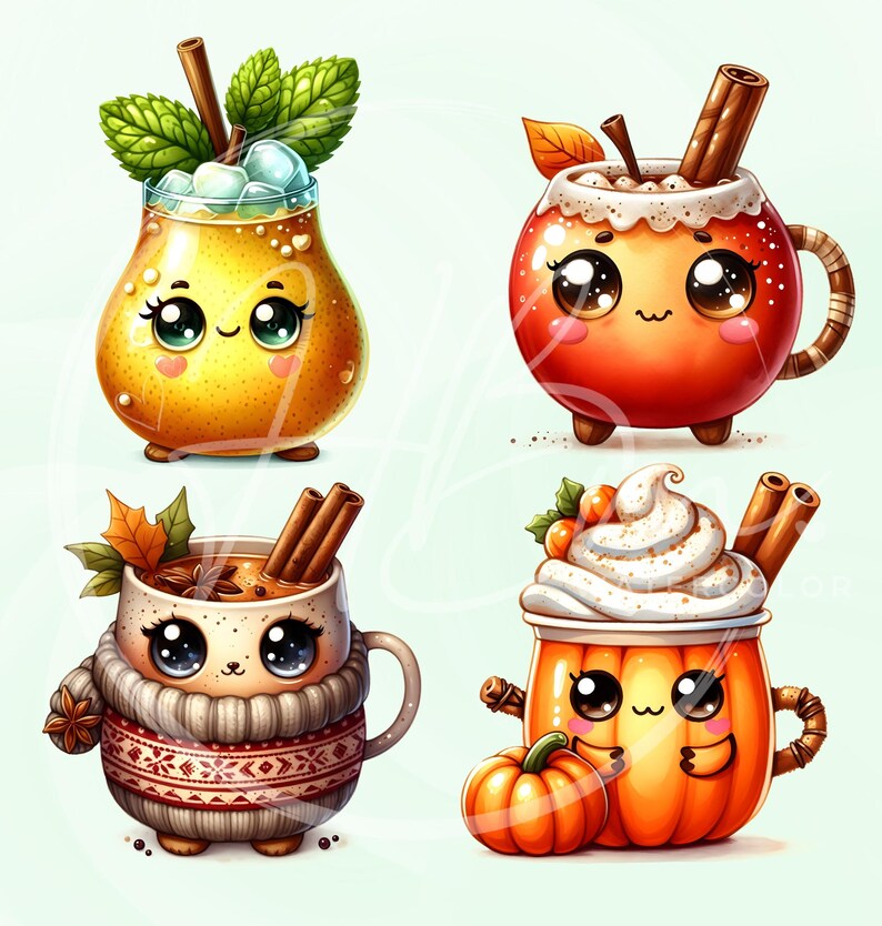 May include: Four cartoon beverages: a pear-shaped drink with mint and a cinnamon stick, an apple-shaped drink with whipped cream, a mug with a sweater and cinnamon, and a pumpkin-shaped drink with whipped cream and a small pumpkin.