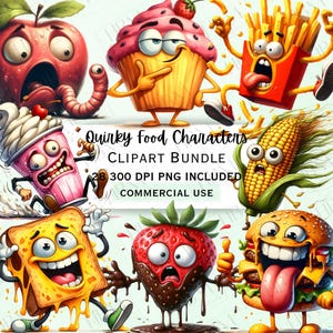 Pacchetto di clipart di personaggi di cibo acquerello divertenti, grafica kawaii eccentrica, divertimento culinario stravagante PNG, sfondo trasparente, uso commerciale