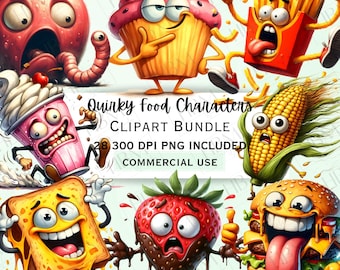 May include: A digital clipart bundle featuring whimsical food characters. The image includes a cupcake, french fries, corn, a burger, a strawberry dipped in chocolate, a slice of toast, a milkshake, and an apple with a worm. Text reads "Quirky Food Characters".
