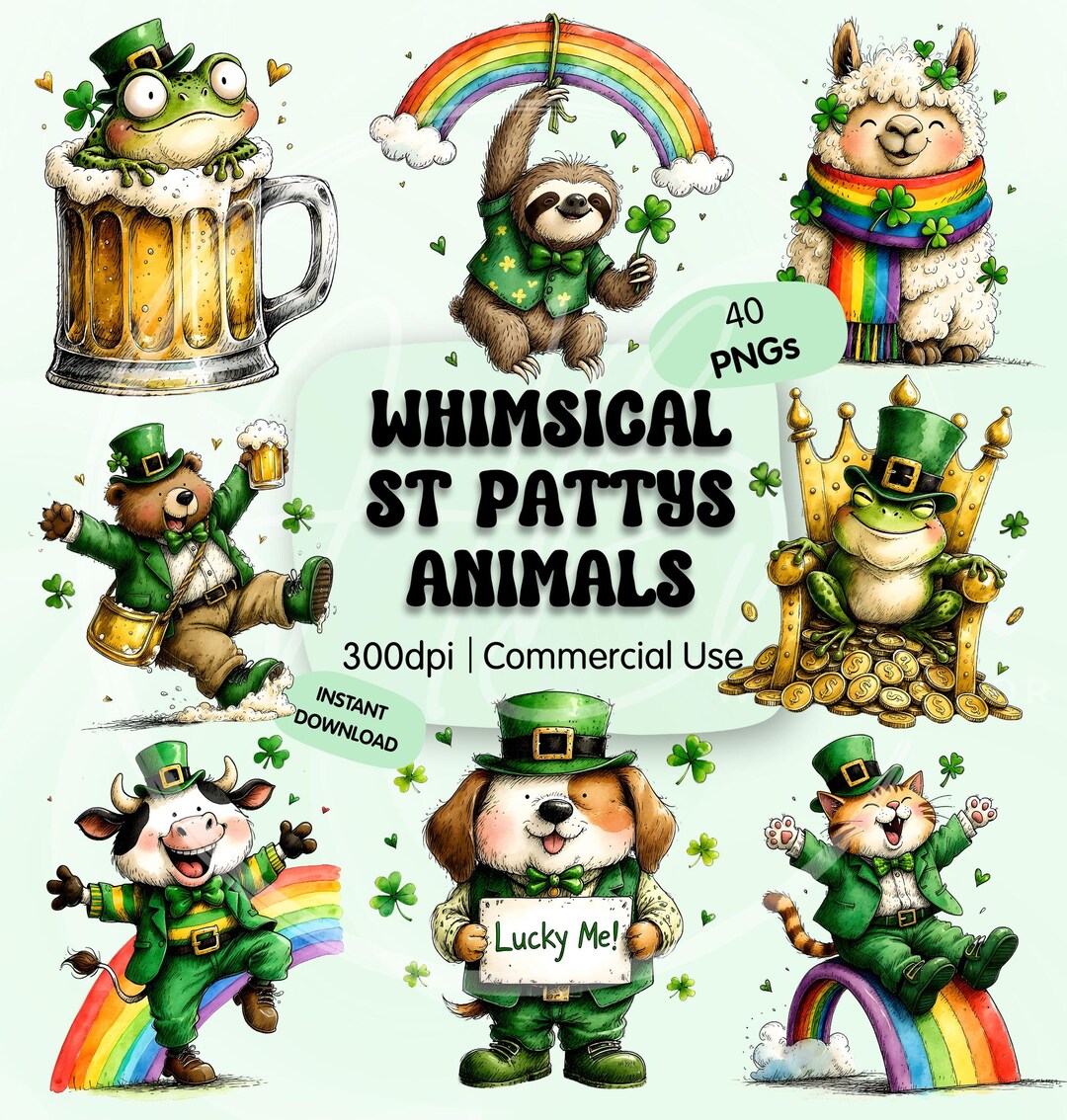 Whimsical St Patricks Day Animals PNG Clipart Bundle, Funny Irish ...