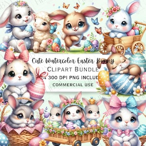 Niedliches Aquarell Osterhase Clipart Bundle, wunderliche Kaninchen-Aufkleber, entzückende Tier PNG für Dekorationen, Schokoladeneier, kommerzielle Nutzung