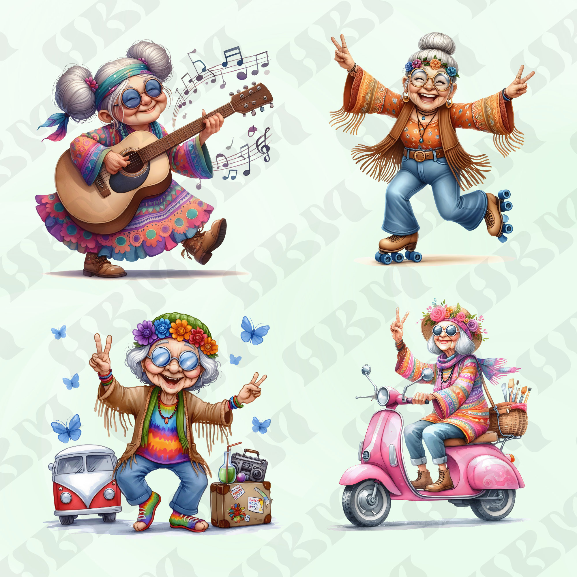 Funny Watercolor Hippie Old Ladies Clipart Bundle, Comical Grandma ...