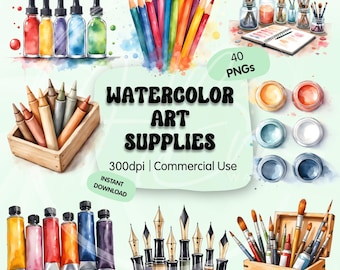 Watercolor Art Supplies Clipart Bundle, Paint Brushes Palette Art, Artist Tools Illustrations, Stationery Art Studio PNGs