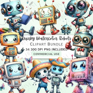 Cute Robot Clipart Bundle, Quirky Watercolor Droid PNG, Fun Digital Sci-fi Characters Graphics, Transparent Background, Commercial Use