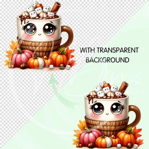 May include: A cute illustration of a mug of hot chocolate with marshmallows, a cinnamon stick, and a smiling face. The mug is surrounded by pumpkins and fall leaves. The text "WITH TRANSPARENT BACKGROUND" is also visible.