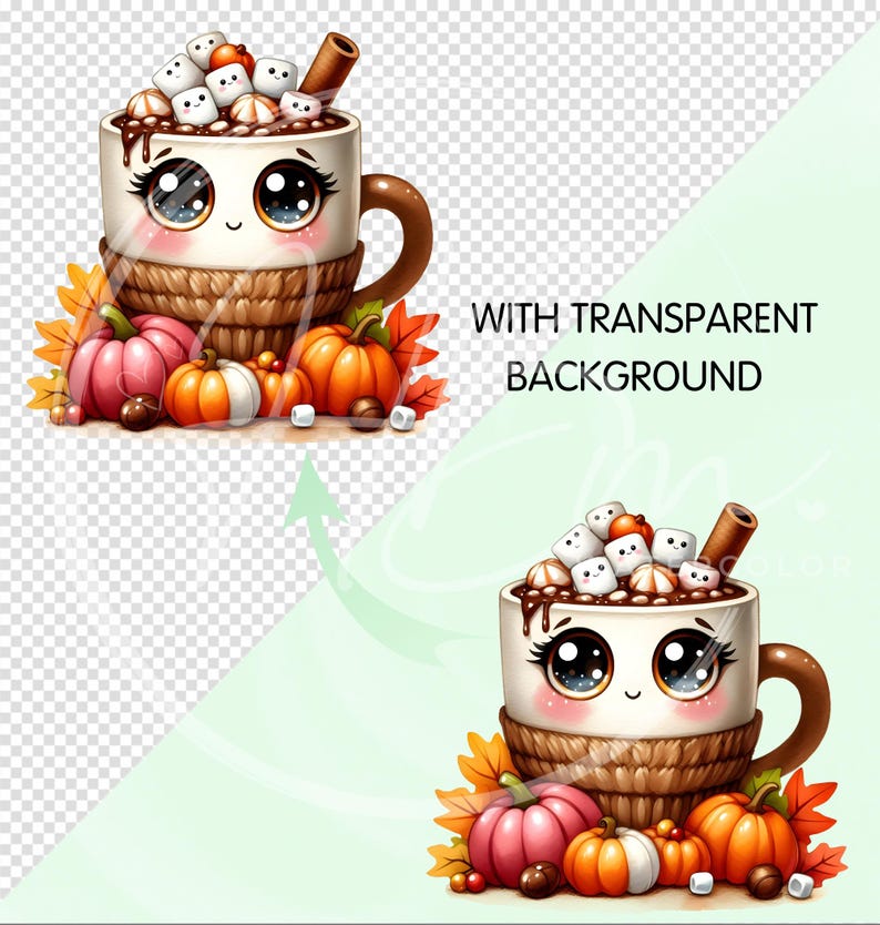 May include: A cute illustration of a mug of hot chocolate with marshmallows, a cinnamon stick, and a smiling face. The mug is surrounded by pumpkins and fall leaves. The text "WITH TRANSPARENT BACKGROUND" is also visible.