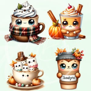 May include: Four cute illustrations of fall-themed beverages. A brown mug with whipped cream and a scarf, a glass of pumpkin spice latte with cinnamon sticks, a cup of marshmallows with a pilgrim hat, and a coffee cup with the word "Thankyou".