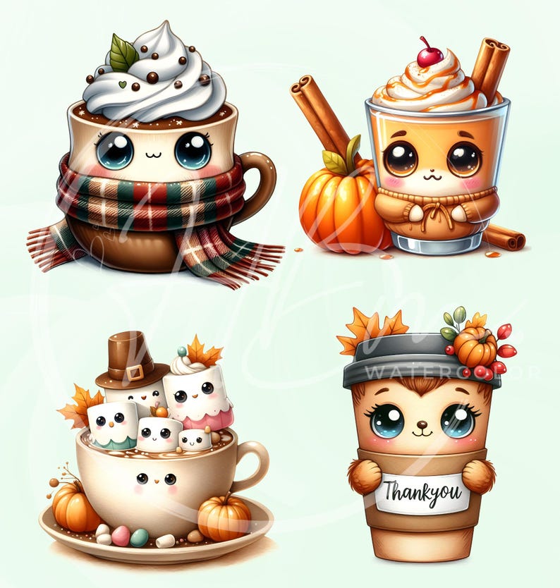 May include: Four cute illustrations of fall-themed beverages. A brown mug with whipped cream and a scarf, a glass of pumpkin spice latte with cinnamon sticks, a cup of marshmallows with a pilgrim hat, and a coffee cup with the word "Thankyou".