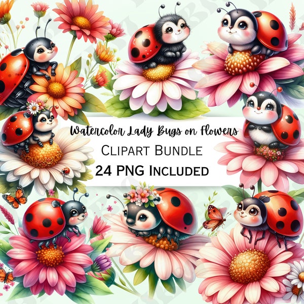 Cute Watercolor Lady Bugs Clipart Bundle, Beetle Nursery Decor, Flowers Baby Wall Art, Insect PNG, Floral infant Shower, 24 Spring Designs